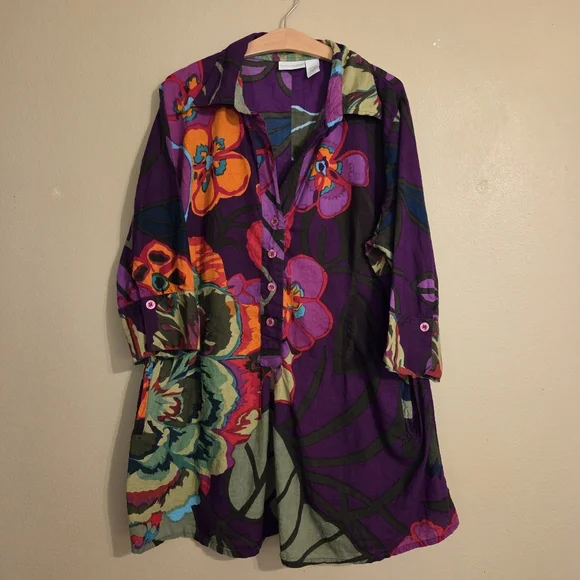 SOFT SURROUNDINGS Sadie Purple Multicolor Floral Print Cotton ¾ Sleeve Tunic 2X - Picture 1 of 11
